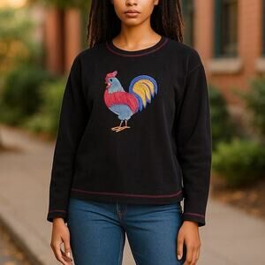 Vintage Chenille Pullover Sweater with Rooster Applique and Embroidery USA Large